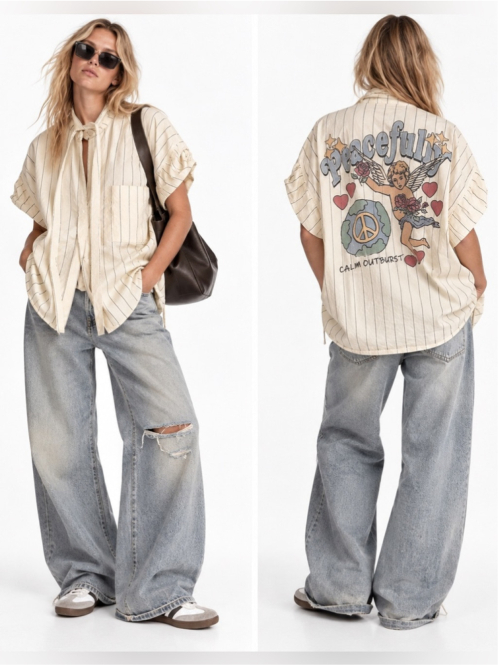REPeller Peacefully Graphic Oversized Pinstripe Shirt Blouse